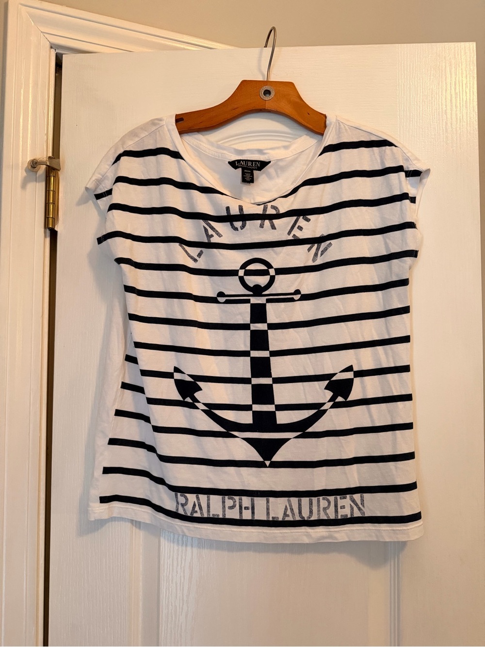 Ralph Lauren White Tee with Navy Stripes and Graphic